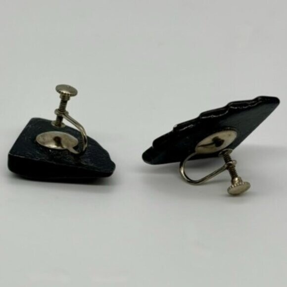 Vintage Lucite Plastic Earrings Similar to Bakelite Black Fan Shape, Screw-Backs - Picture 9 of 10